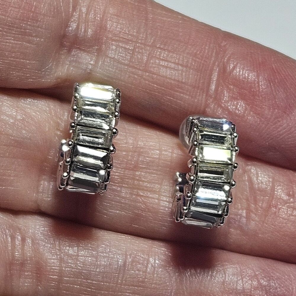 Origami Owl  Silver Tone Crystal Baguette Mini Hoop Earrings